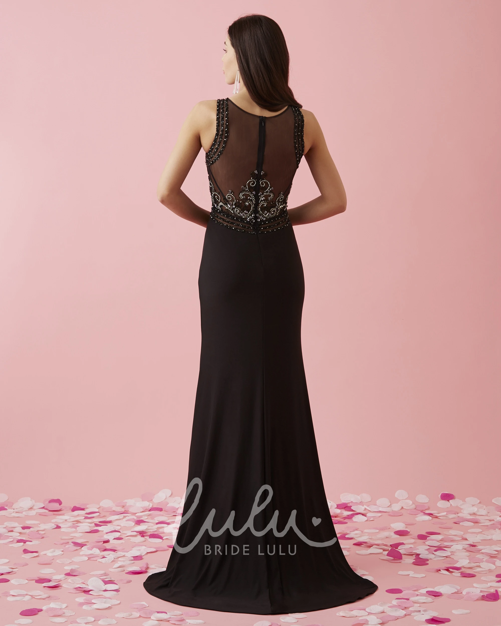 Scoop-Neck Sheath Jersey Bridesmaid Dress with Illusion and Beading