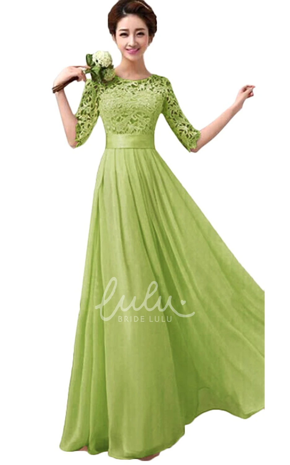 Long Bridesmaid Gown Chiffon with Lace Bodice and Belt Scoop Half Sleeve