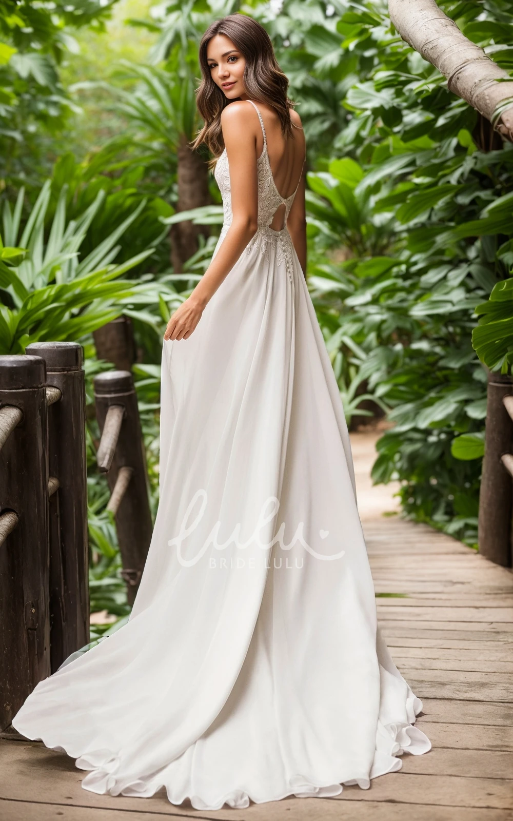 Sexy Ethereal A-Line Plunging V-Neck Floor-length Spaghetti Chiffon Lace Wedding Gown Elegant Garden Lace Appliques Split Front Sleeveless Backless Bridal Dress with Button