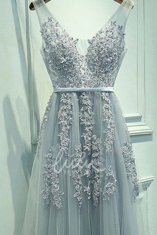 Sleeveless A-Line V-neck Lace Bridesmaid Dress Floor-length Flowy