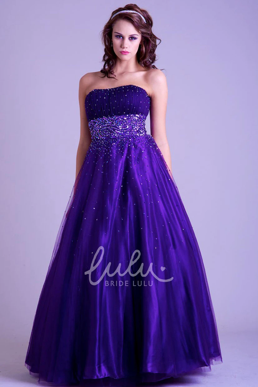 A-Line Ruched Tulle & Satin Prom Dress Long & Strapless