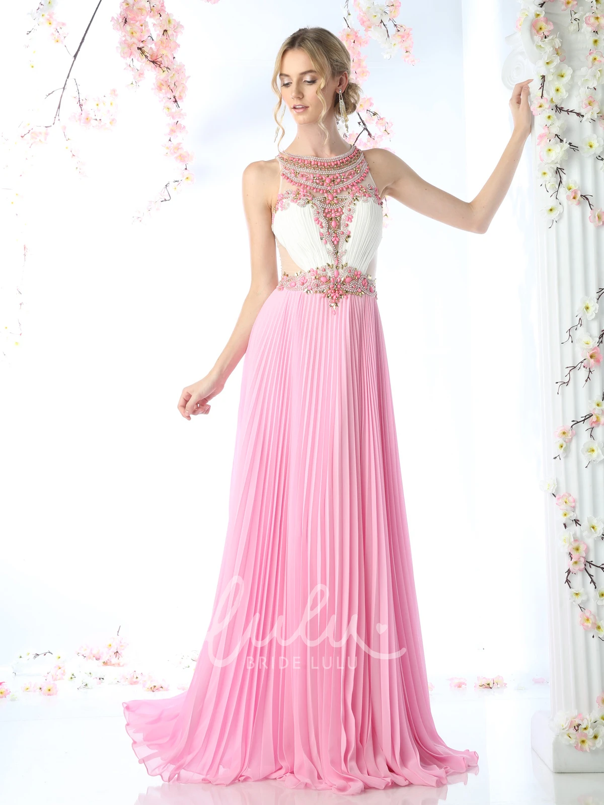 Pleated Chiffon Illusion Dress A-Line Scoop-Neck Sleeveless