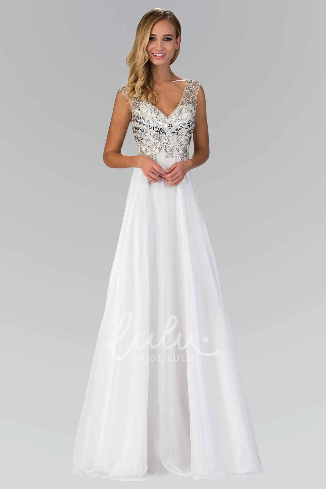 Chiffon A-Line Bridesmaid Dress with V-Neck Sleeveless Empire Waist and Low-V Back