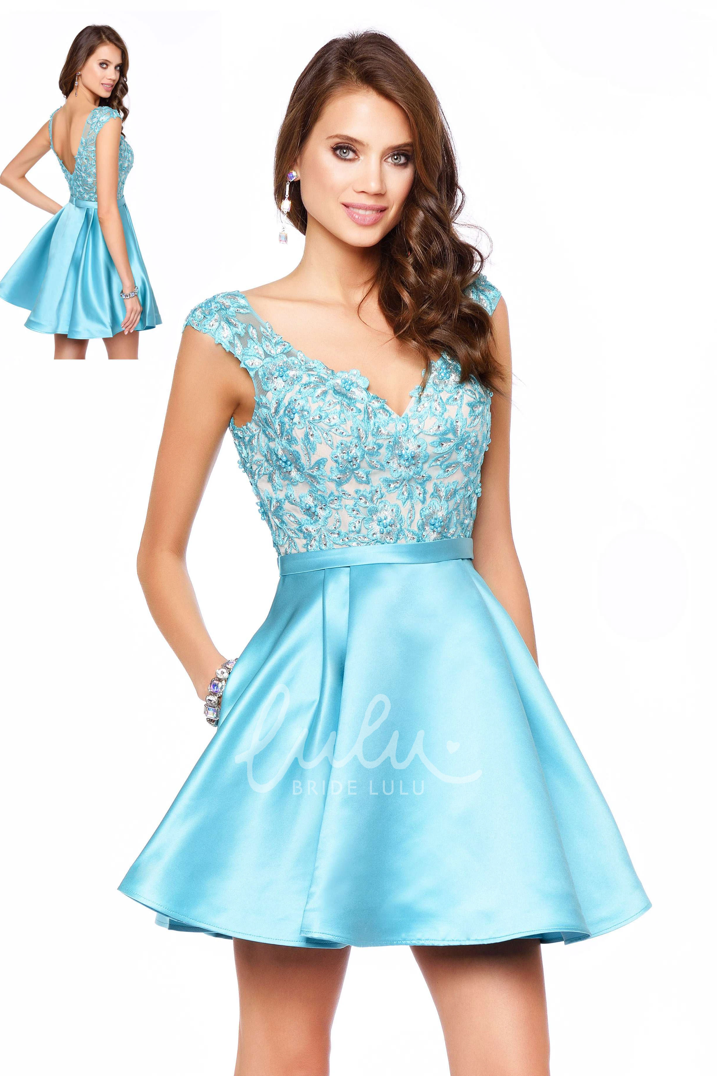 Applique A-Line Mini Dress with Low-V Back and Cap-Sleeves