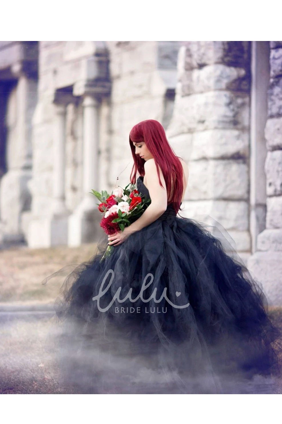 Strapless A-Line Ruffles Black Wedding Dress Floor-length Zipper Open Back