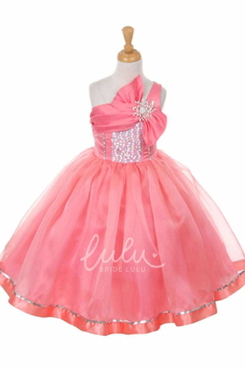 Tiered Organza Flower Girl Dress with Sequins and Ribbon Tea-Length