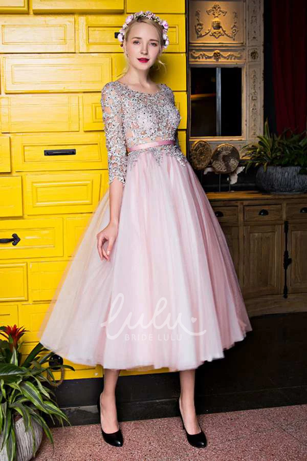 Tea Length Tulle Dress with Lace Sleeves Scoop Neck & 3-4 Sleeves