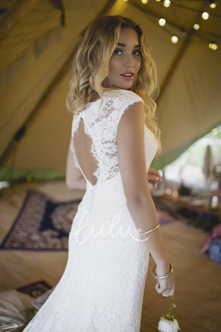 Elegant Lace Cap Sleeve Bridal Gown with V-neck and Keyhole Boho Wedding Dress