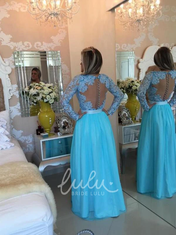 Tulle Applique Floor-Length Dress A-Line Princess with Long Sleeves and V-Neck