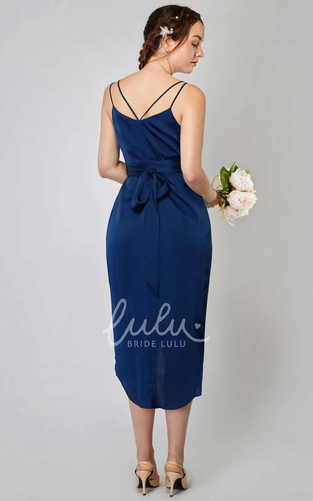Spaghetti Straps Sheath Charmeuse Bridesmaid Dress with Split Front and Straps