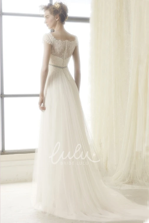 Sleeveless Lace Bateau Tulle Wedding Dress with Sweep Train Unique Wedding Dress