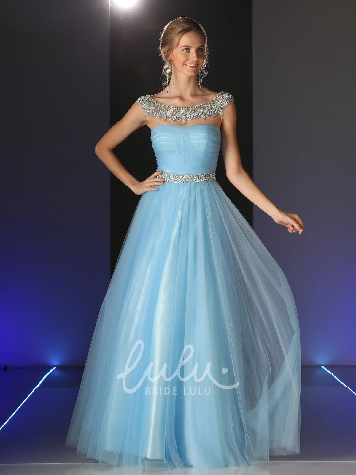 Scoop-Neck Tulle Illusion Prom Dress with Beading and Ruching