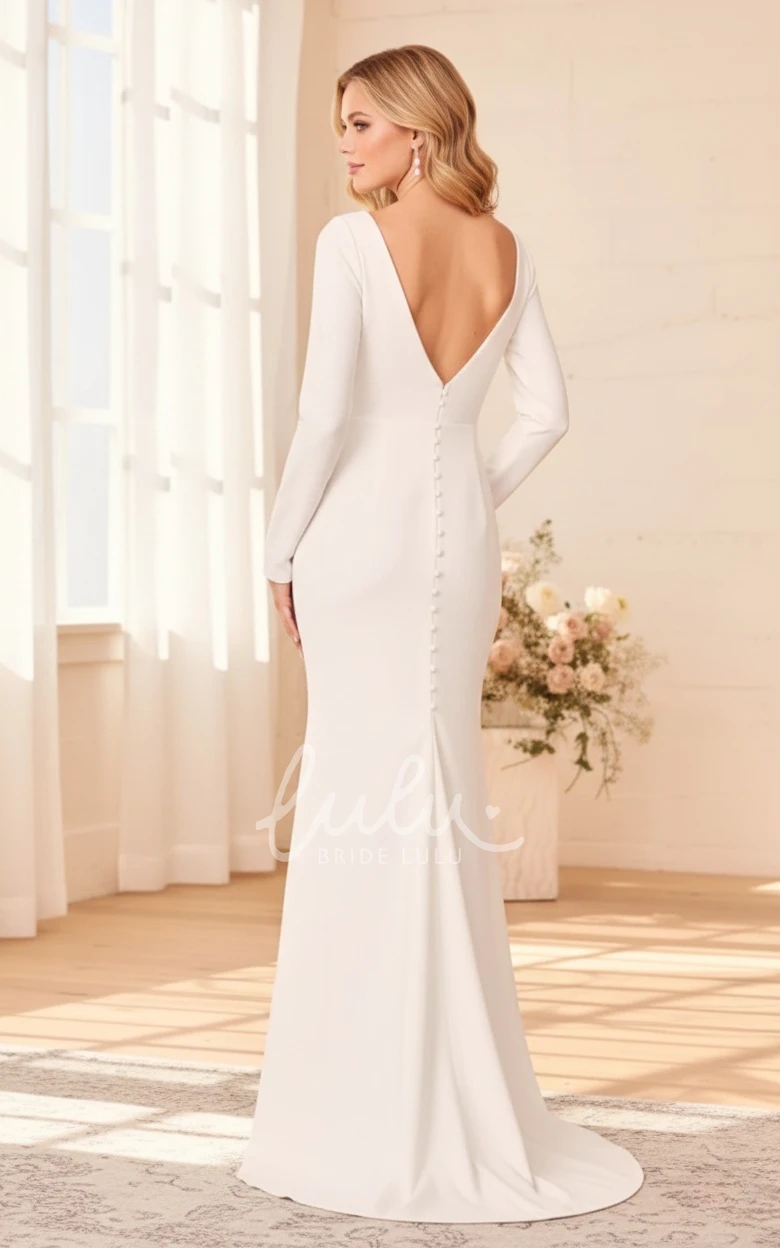 Modest Long Sleeve Simple Trumpet V-neck Solid Winter Wedding Dress with Brush Train