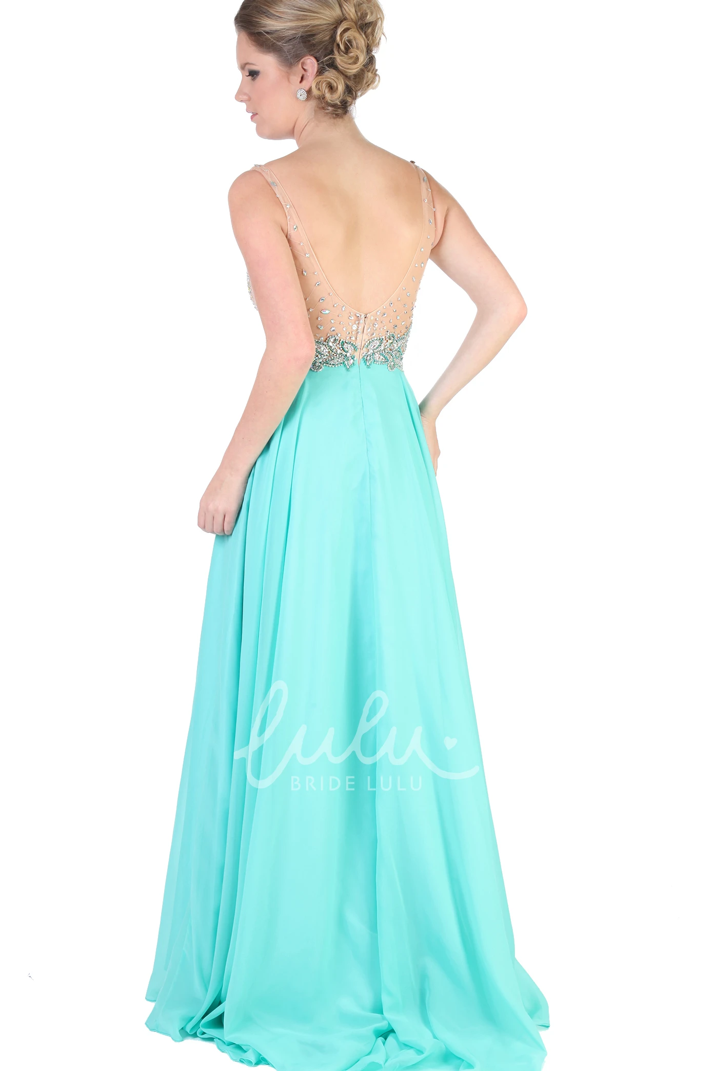 A-Line Beaded Sleeveless Chiffon Evening Dress with V-Neck Long