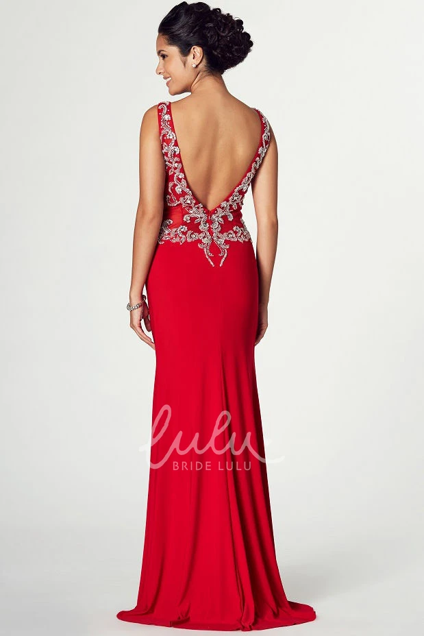 Sleeveless V-Neck Maxi Jersey Prom Dress with Appliques and Split Front Classy Prom Dress for Women