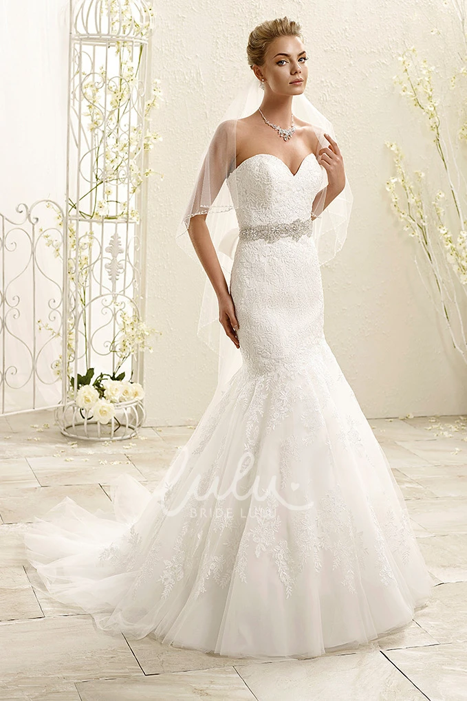 Jeweled Sweetheart Mermaid Lace Wedding Dress with Sweep Train Unique Bridal Gown