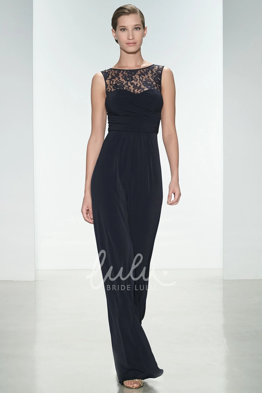 Jewel Neck Sleeveless Appliqued Chiffon Maxi Sheath Bridesmaid Dress Flowy Bridesmaid Dress