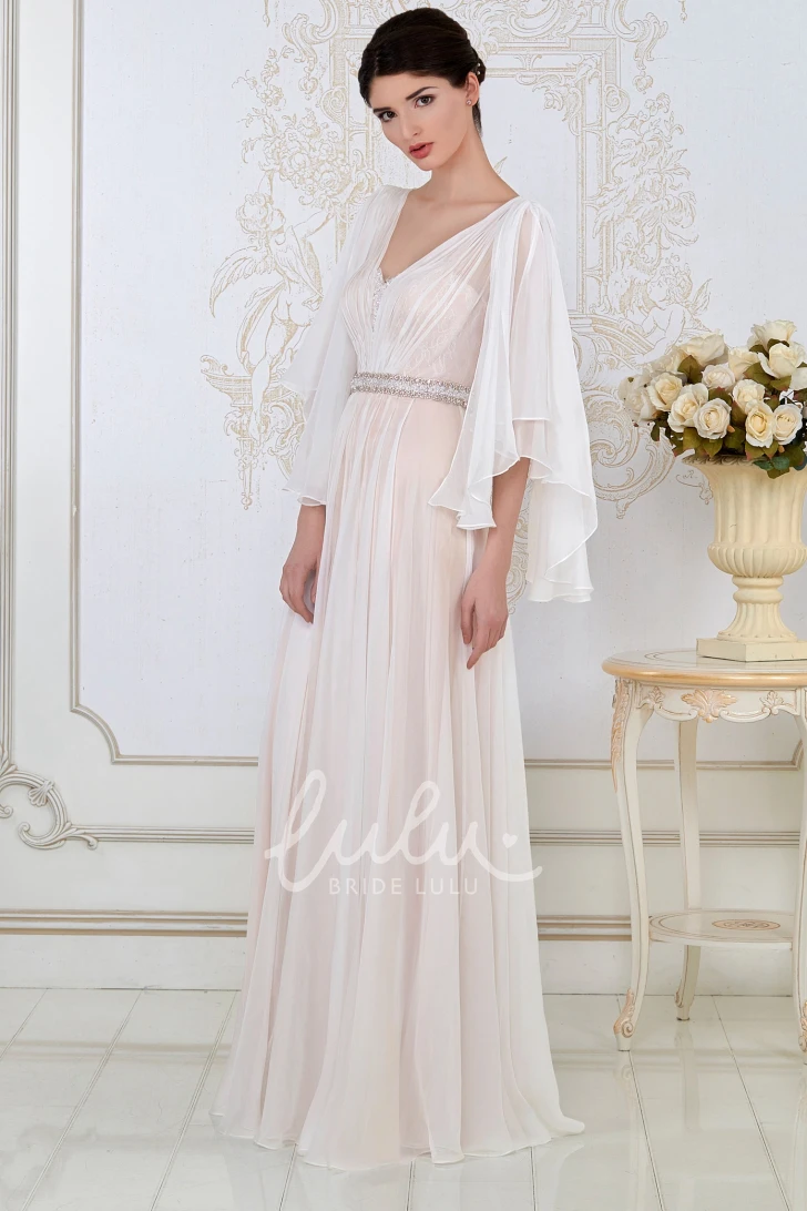 A-Line Beaded Tulle Evening Dress with Poet-Sleeve and V-Neck