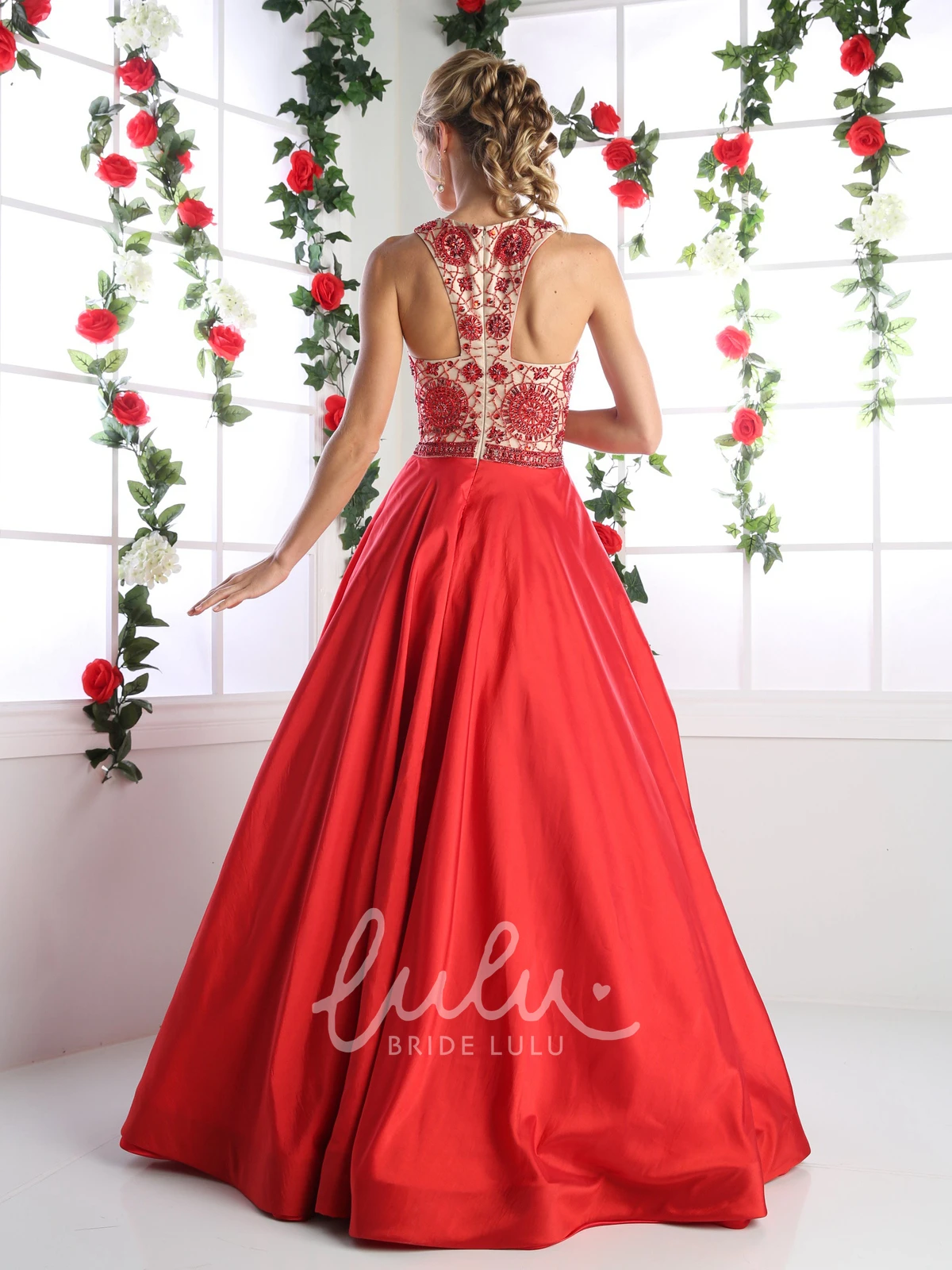 Long Sleeveless A-Line Satin Jewel-Neck Bridesmaid Dress with Beading