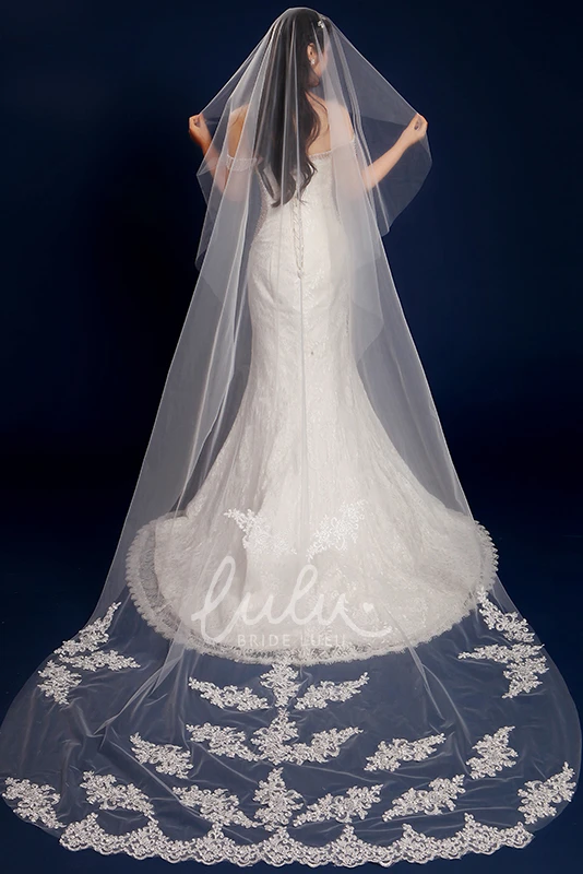 Cathedral Tulle Wedding Veil with Lace Edge and Appliques Classic Bridal Dress Accessory