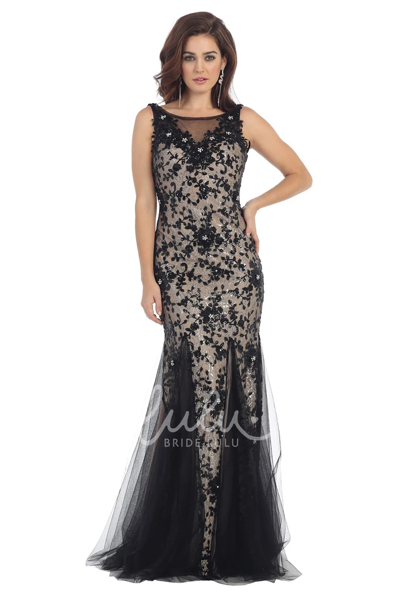 Sleeveless Scoop-Neck Tulle Dress with Appliques and Sequins for Prom