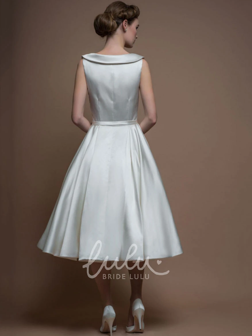 Satin Sleeveless Tea-Length A-Line Wedding Dress With Broach Classy Bridal Gown
