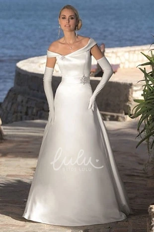 Satin A-Line Off-The-Shoulder Wedding Dress with Brooch