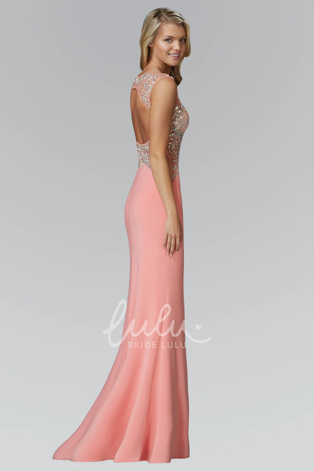 V-Neck Sleeveless Sheath Floor-Length Jersey Dress with Keyhole and Beading