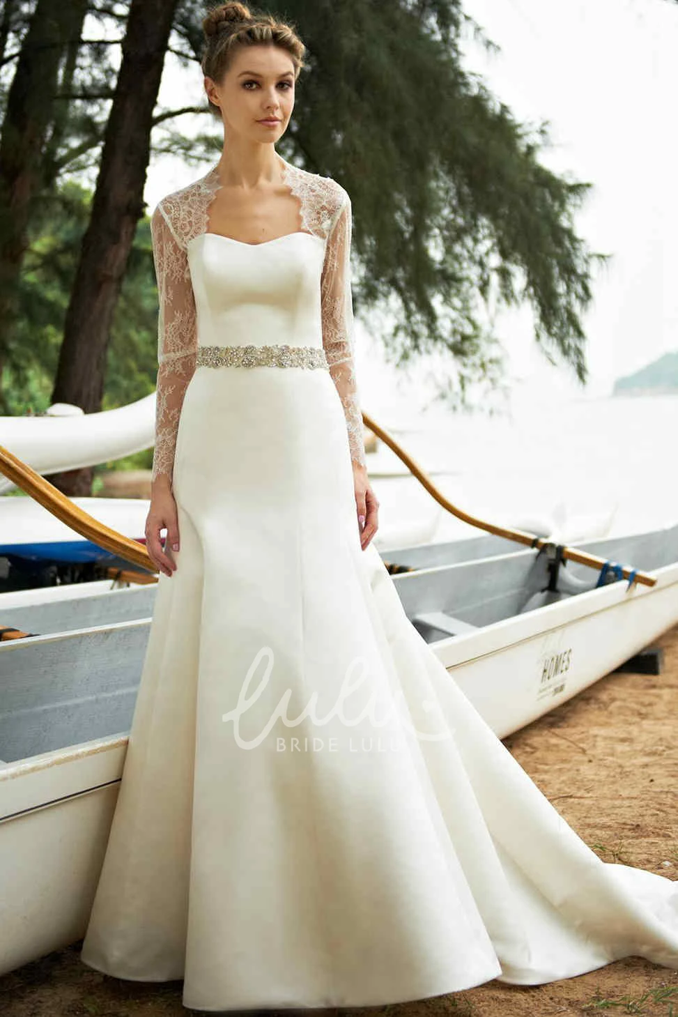 Jeweled Satin Long-Sleeve Wedding Dress with Cape Elegant Bridal Gown