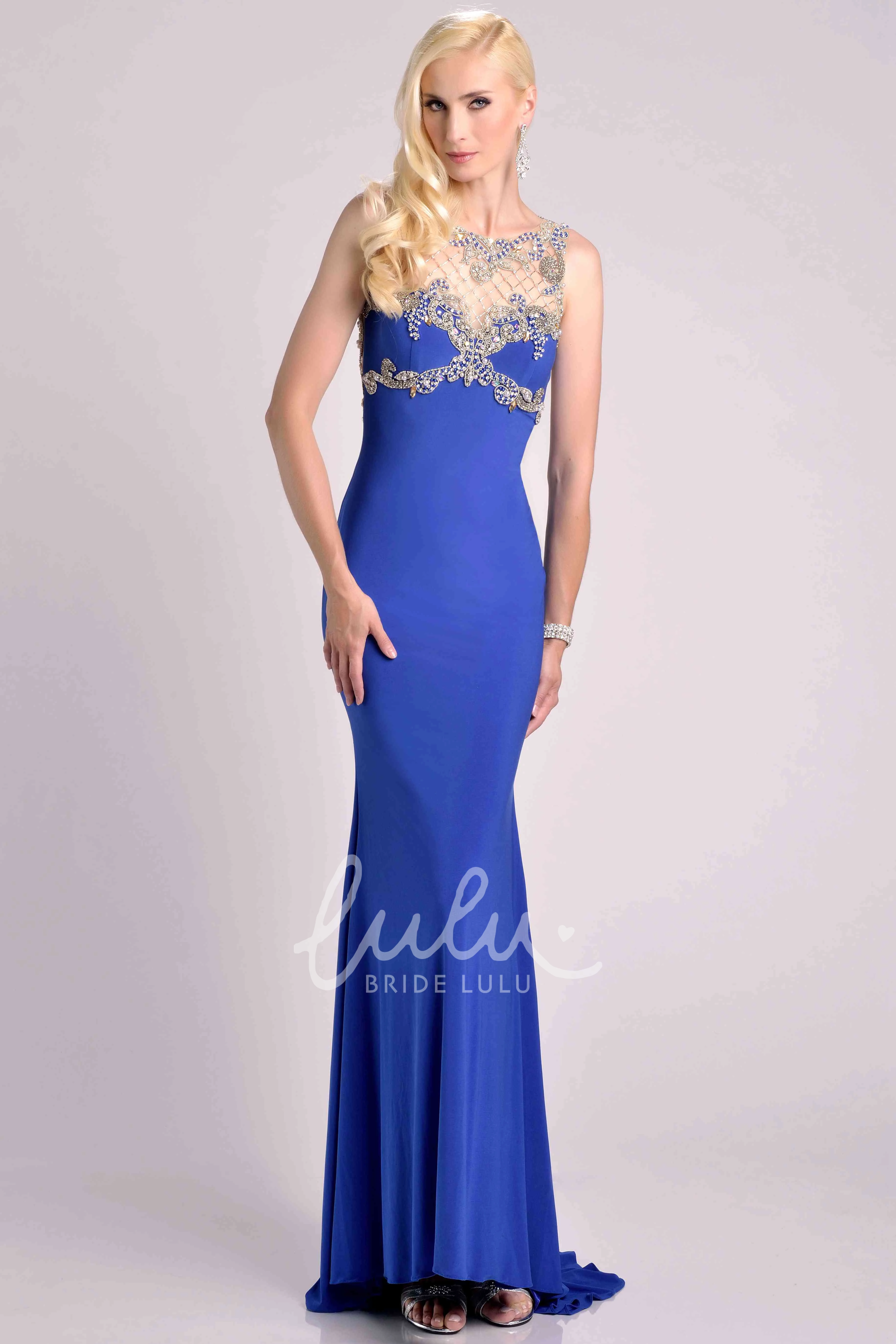 Sleeveless Sheath Jersey Prom Dress with Beaded Top and Bateau Neck Modern Formal Dress