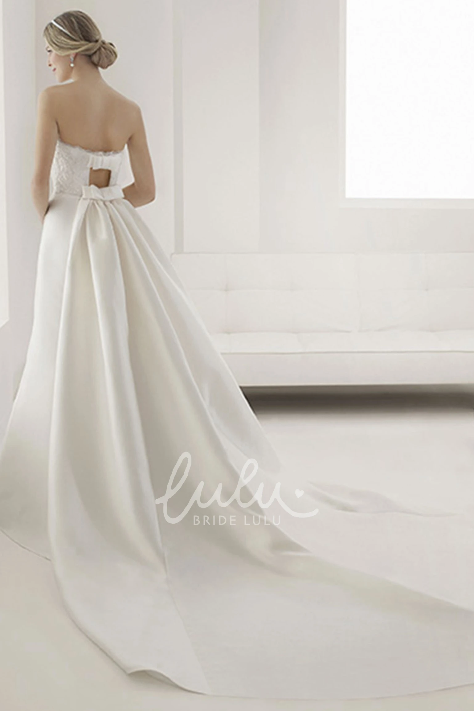 Strapless Lace Sheath Wedding Dress with Satin Keyhole Back and Bows