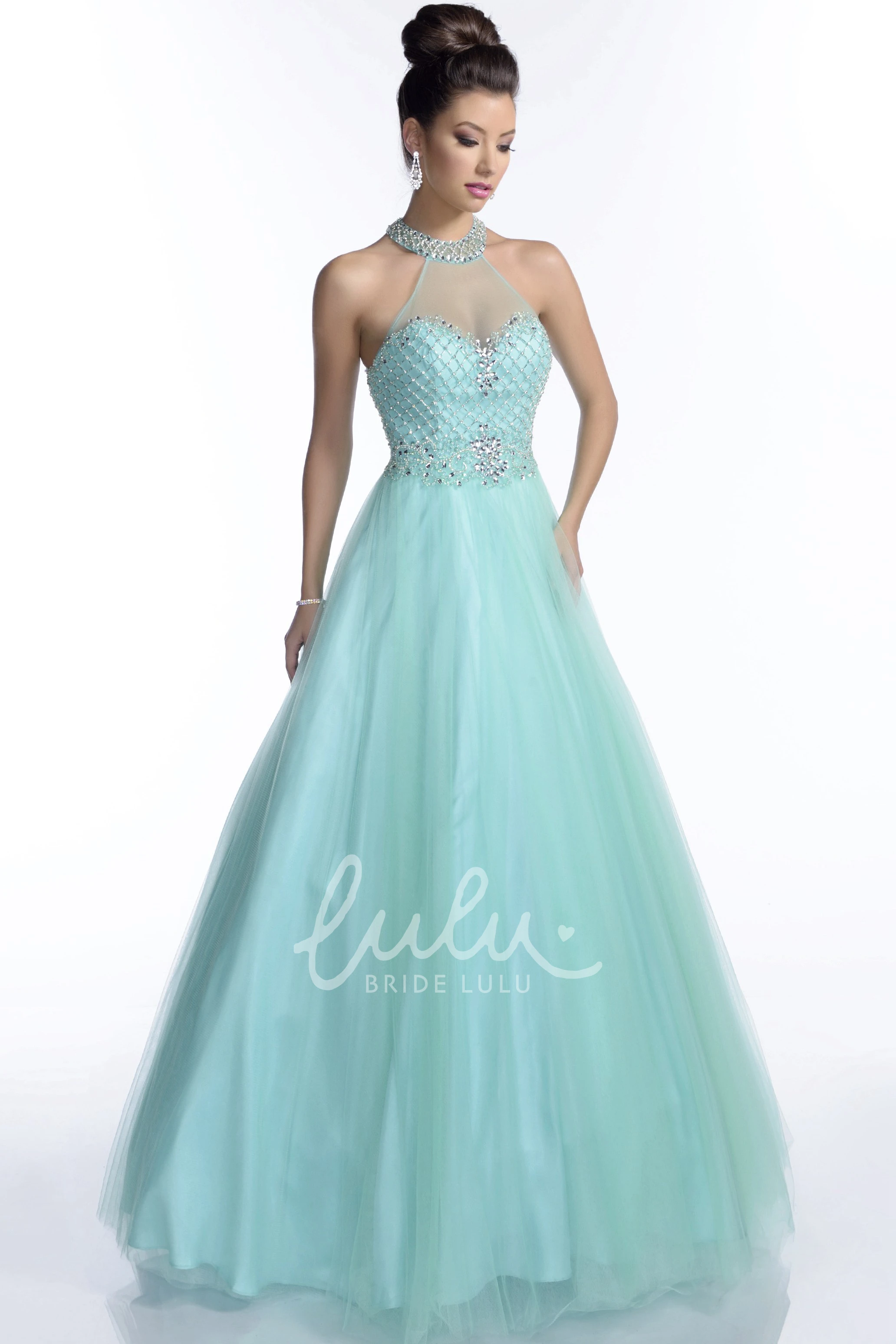 Illusion Back Halter A-Line Tulle Prom Dress Unique Prom Dress 2025