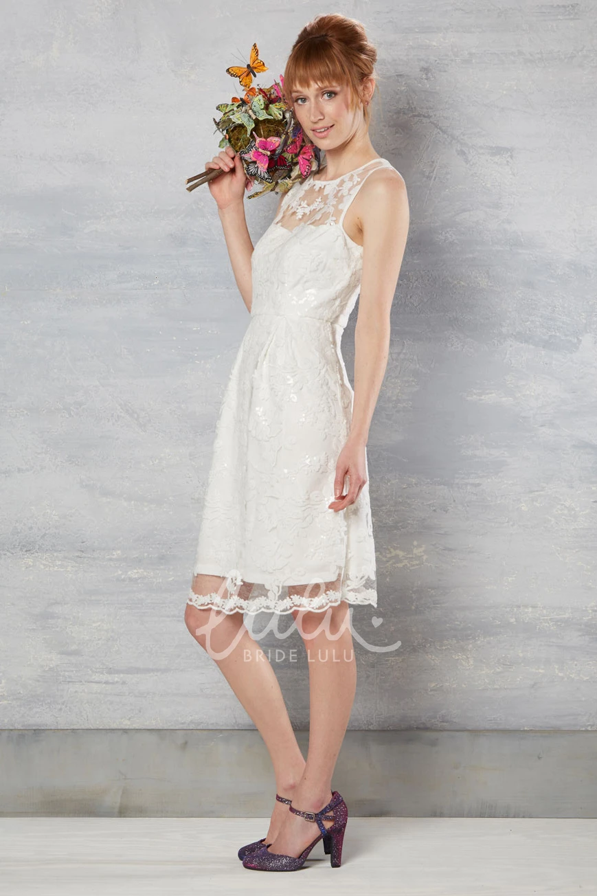 Lace Scoop-Neck Knee-Length Wedding Dress with Appliques Sleeveless