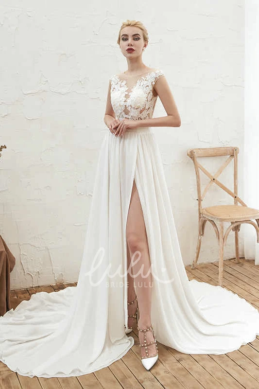 Illusion Cap Sleeve A-line Chiffon Bridal Gown with Lace Appliques