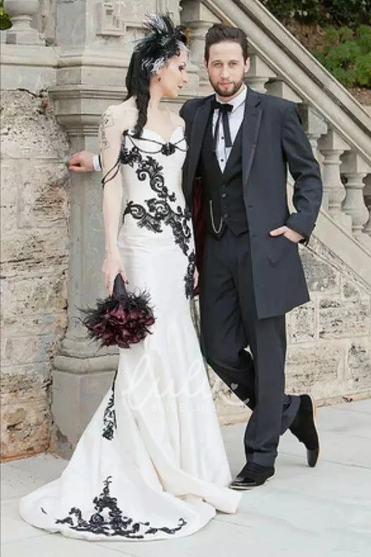 Off-the-shoulder Satin Mermaid Wedding Dress with Appliques and Beading Sleeveless Sweep Train