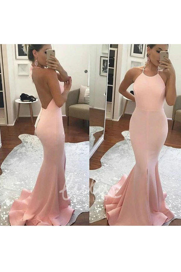 Sleeveless Mermaid Halter Satin Prom Dress Sweep Brush Train Trumpet