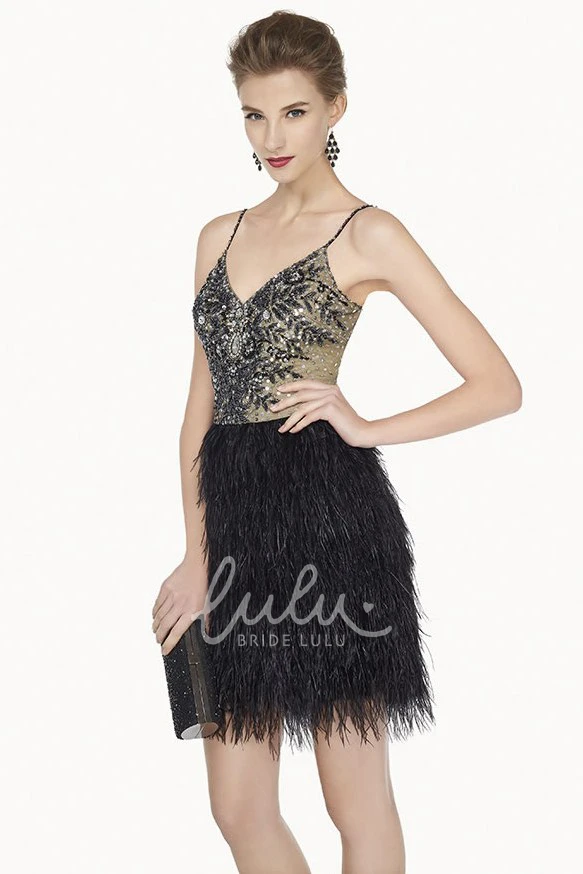 Mini Feather Prom Dress with Beaded Straps Sexy V Neck