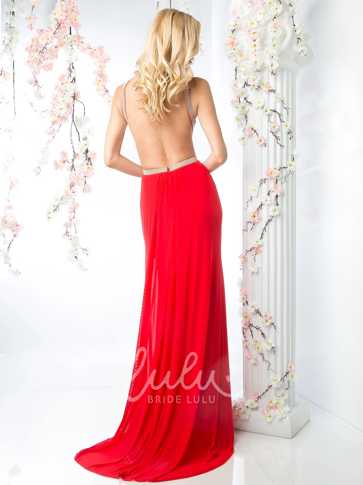 Chiffon Backless Sheath Formal Dress with Split Front and Pleats