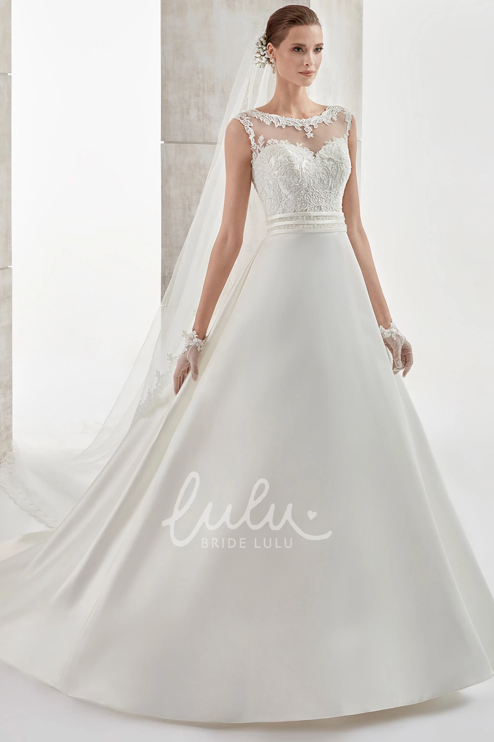 Lace Bodice Cap-Sleeve A-Line Wedding Dress with Brush Train Elegant Bridal Gown