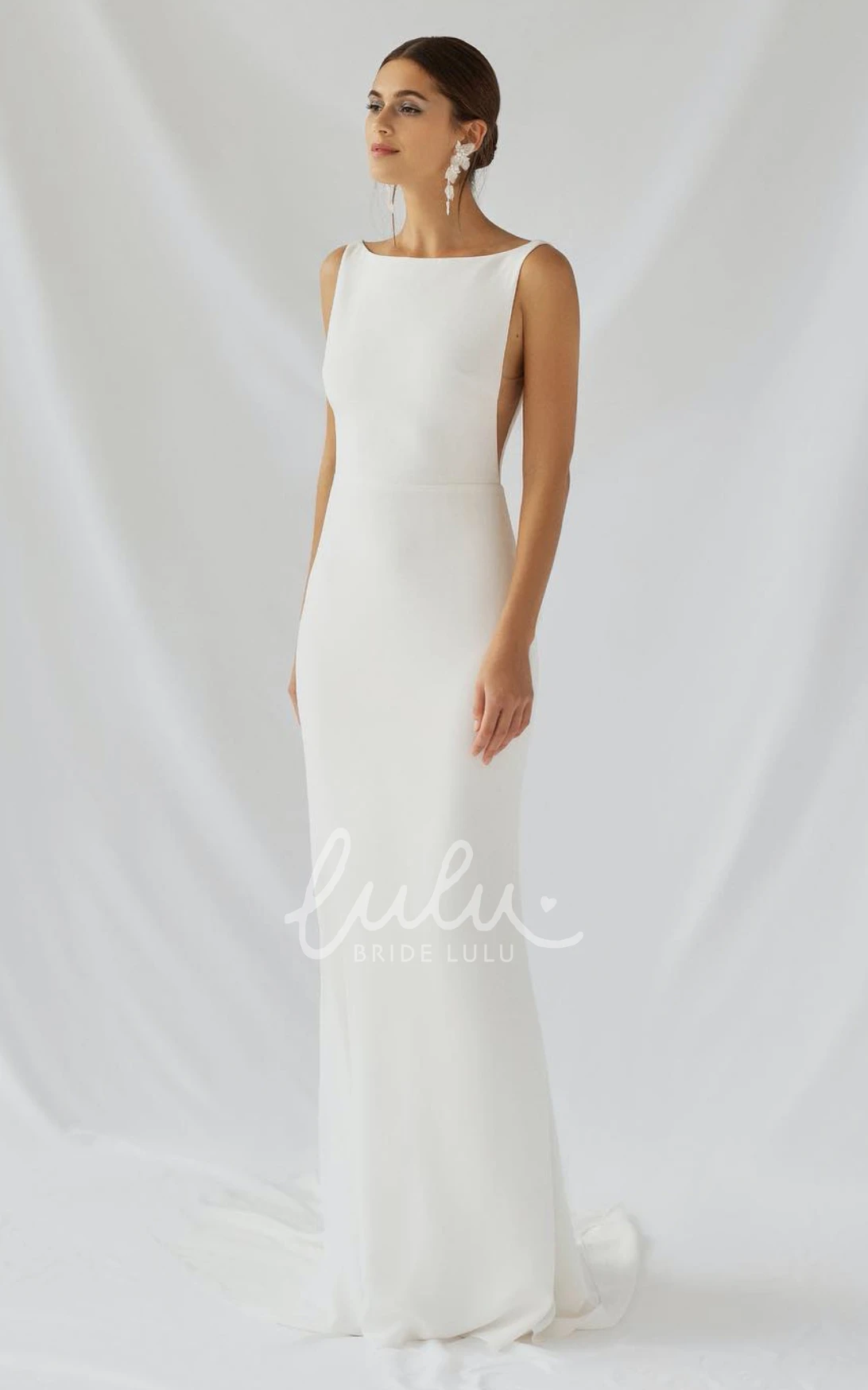 Simple Minimalist Satin Sheath Sleeveless Backless Romantic Country Wedding Dress