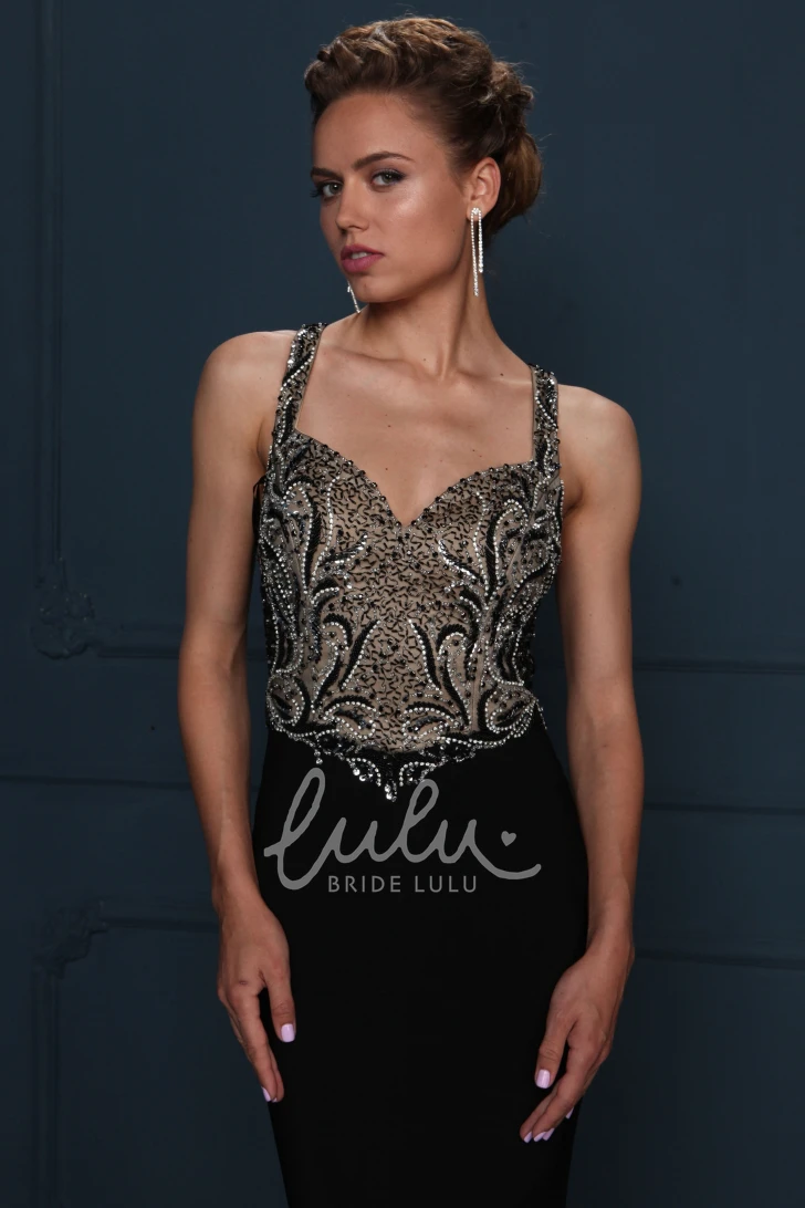 Strappy Sweep Train Evening Dress with Beaded Jersey Fabric