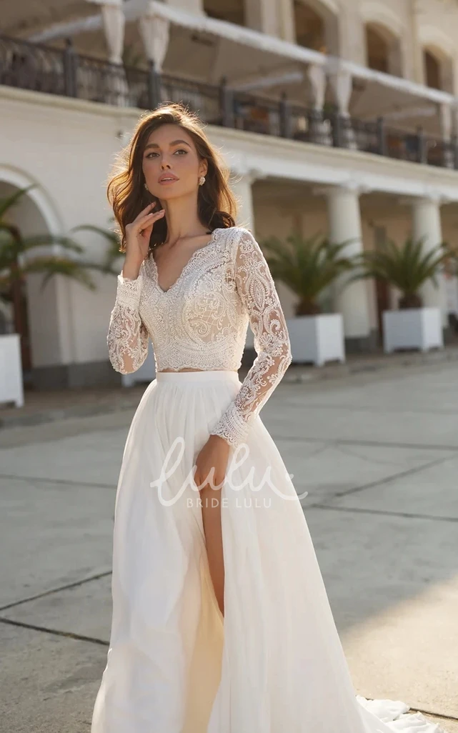 Sexy Two Piece Bridal Gown V-neck Chiffon with Beach Sweep Train Lace Long Sleeve Zipper