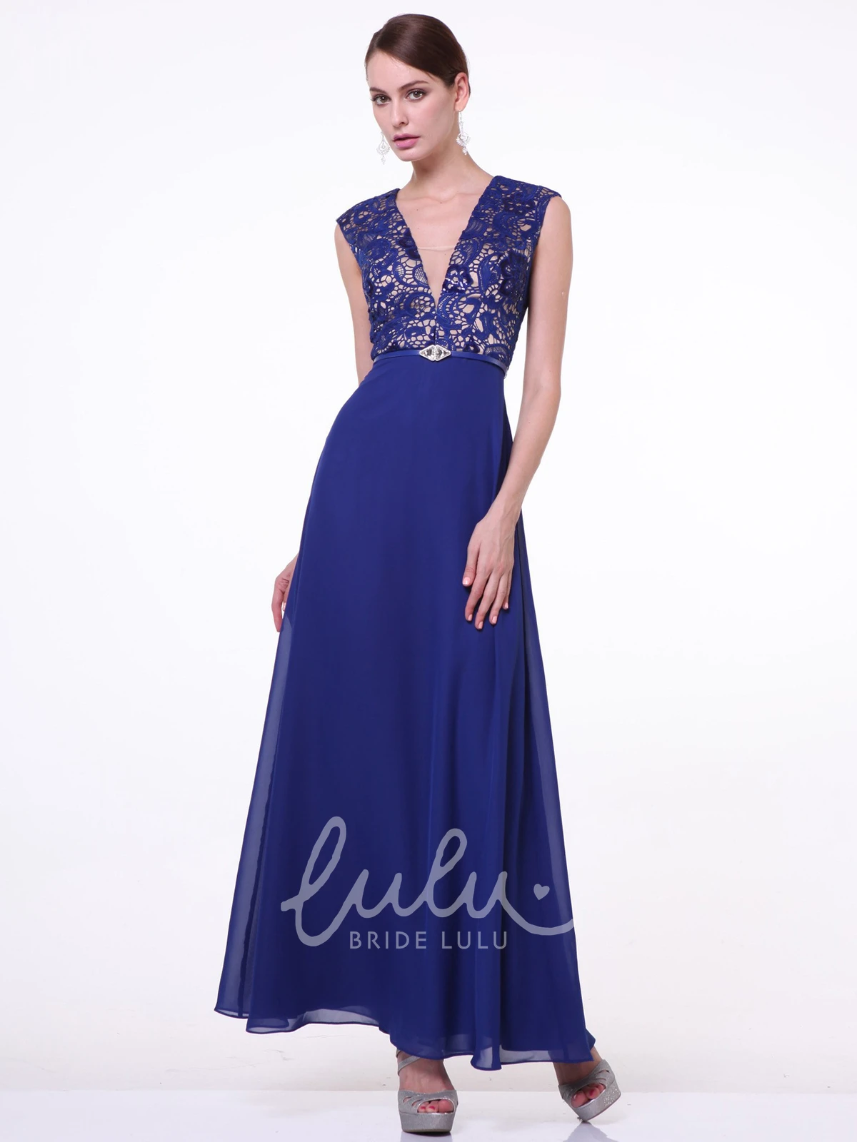 V-Neck A-Line Chiffon Dress with Lace and Zipper Perfect for Prom or Bridesmaids