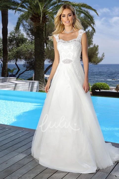 Tulle Appliqued Wedding Dress with Keyhole & Waist Jewelry Floor-Length Square