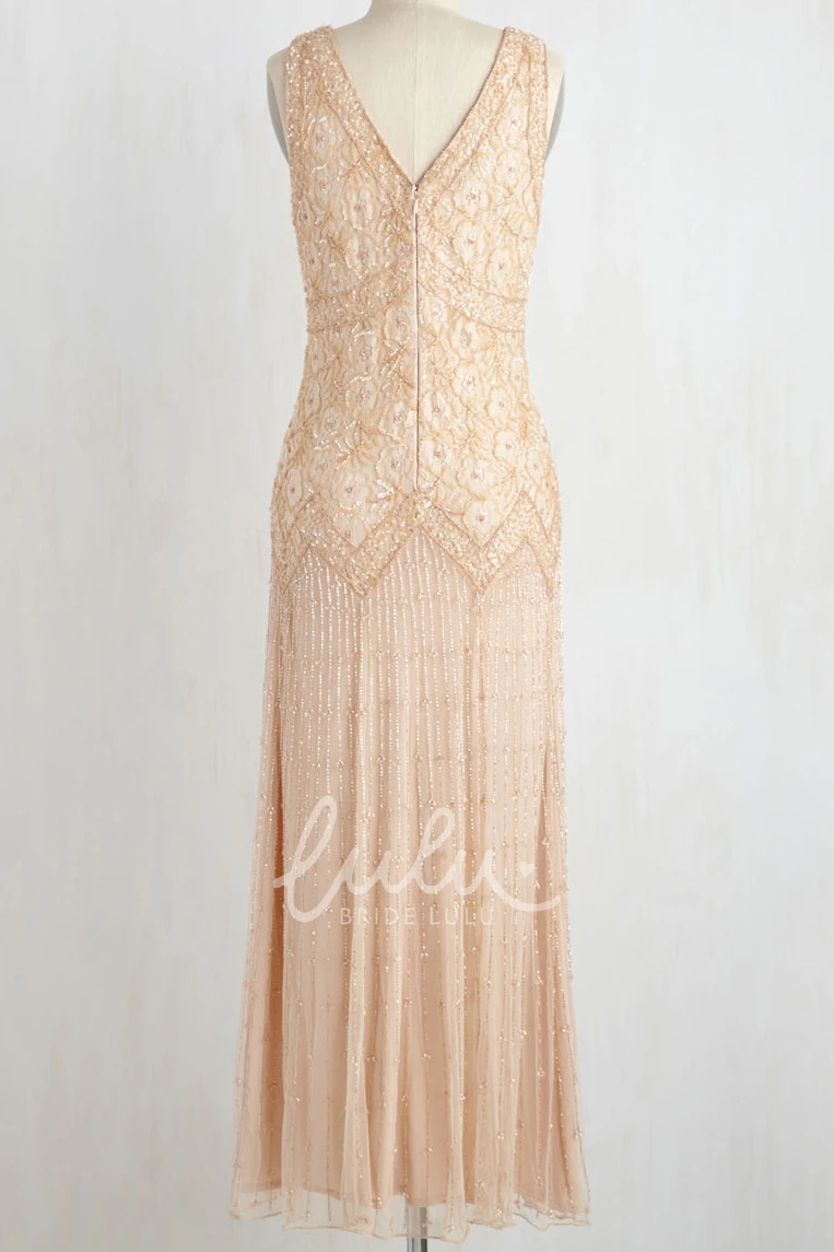 Beaded Tulle Wedding Dress with Low-V Back Sleeveless Sheath Bridal Gown