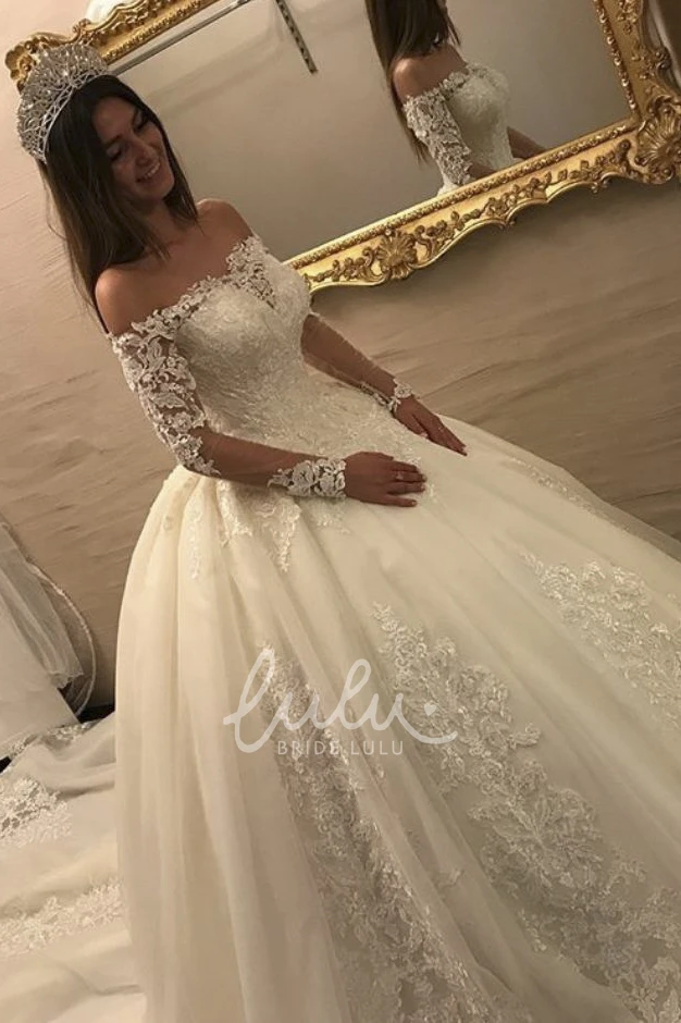 Luxury Lace Off-the-shoulder Long Sleeve Wedding Dress with Keyhole Back