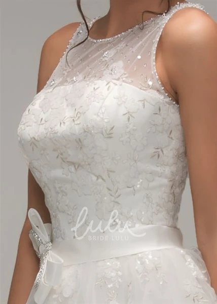 Beaded Tulle Ball Gown Wedding Dress with Appliques and Bow Scoop-Neck