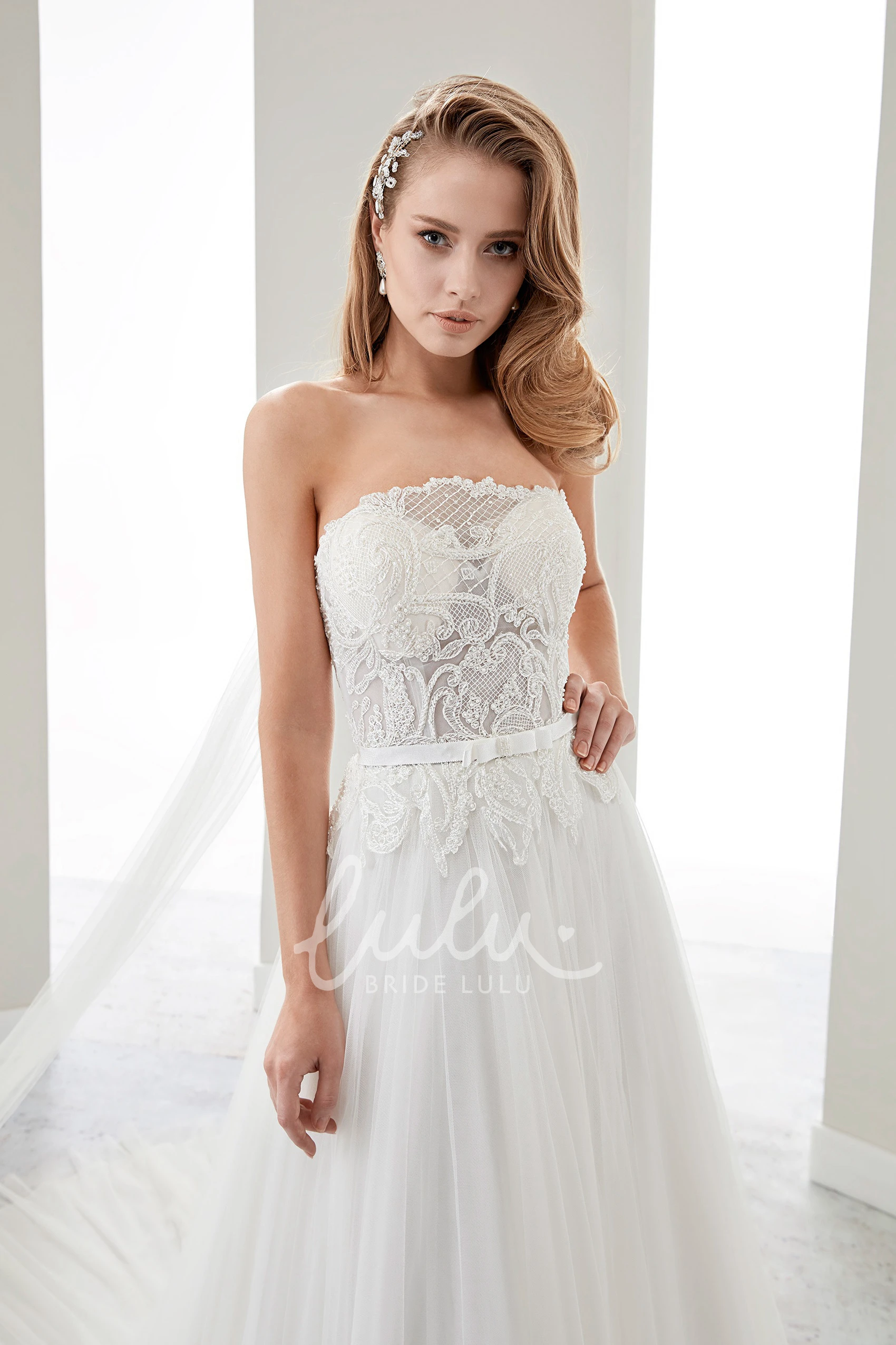 Strapless Floral Lace Bridal Gown with Draping and Open Back Unique Wedding Dress