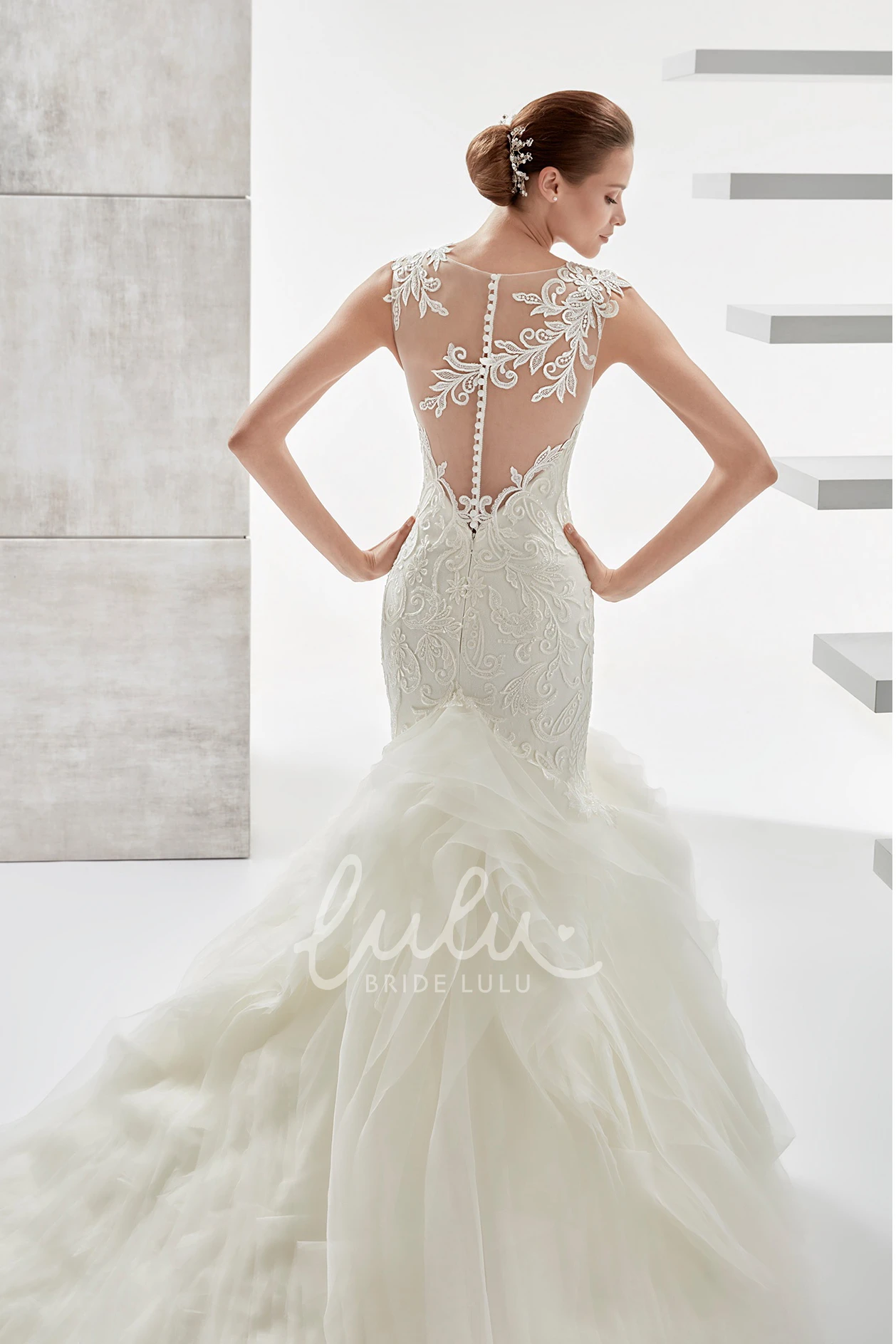 Illusive Design Mermaid Wedding Dress with Jewel Neckline and Ruffled Train Unique Bridal Gown