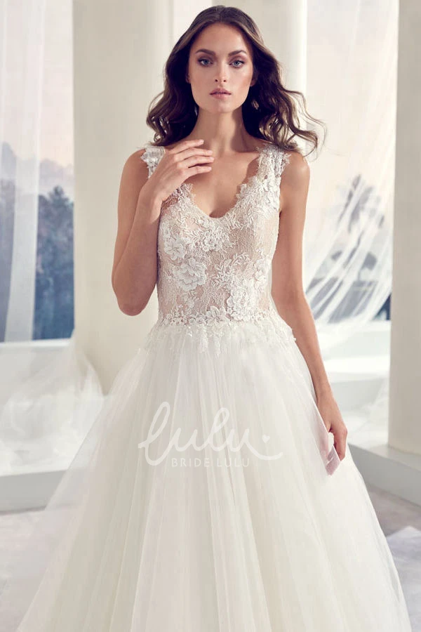 Long Sleeveless Tulle Wedding Dress with Appliques Ball-Gown